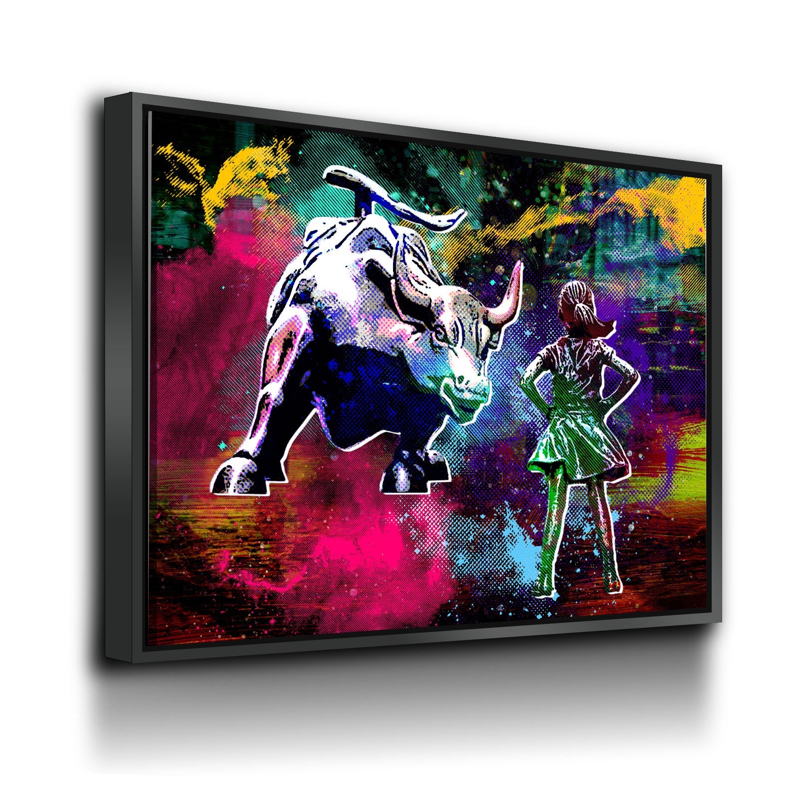 Fearless Girl Charging Bull Statue Canvas Wall Art, Charging Bull Wall Street Art