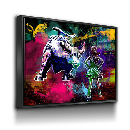 Fearless Girl Charging Bull Statue Canvas Wall Art, Charging Bull Wall Street Art