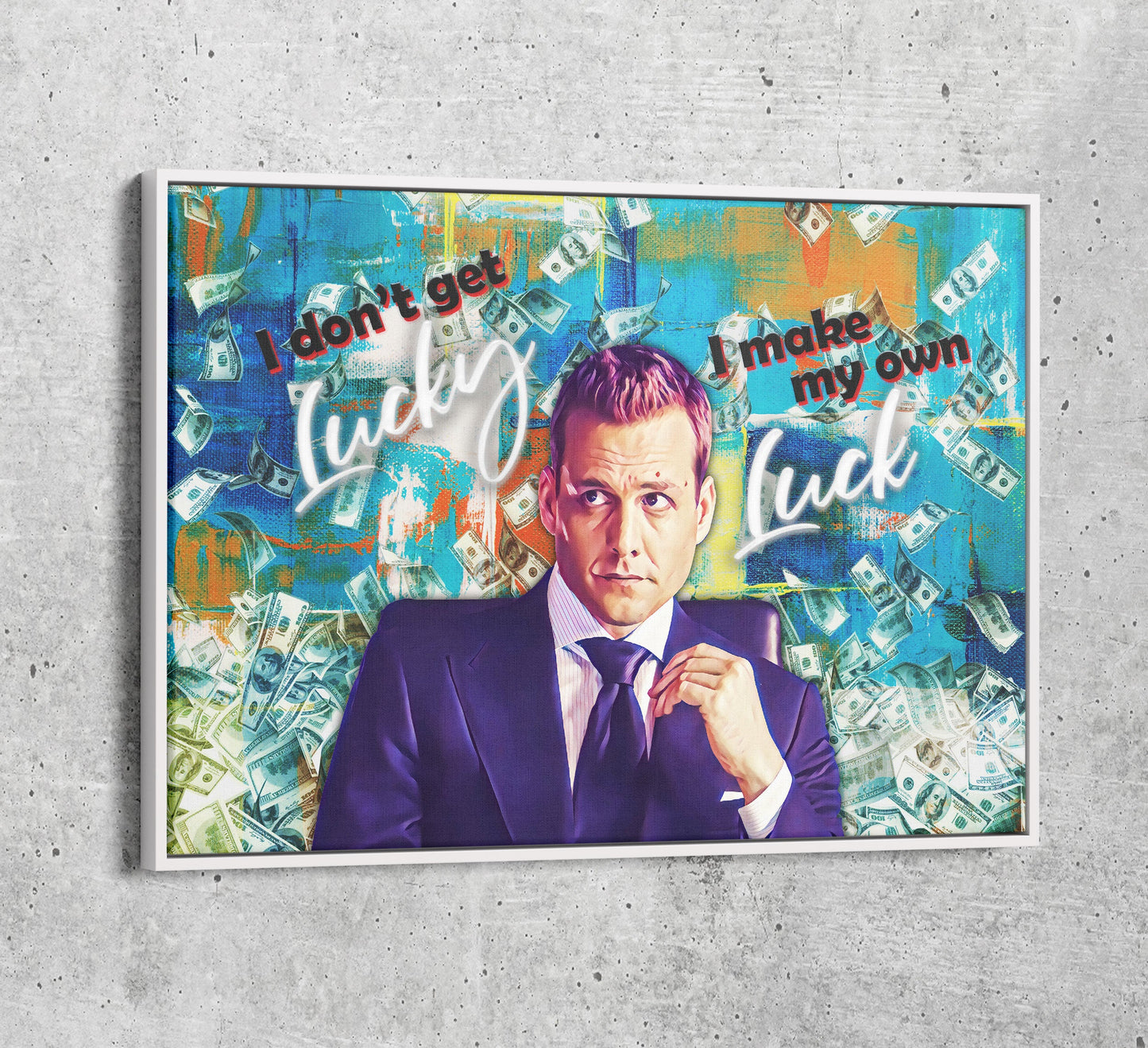 I Don't Get Lucky I Make My Own Luck Canvas Wall Art, Harvey Specter Quote, Motivational Decor, Inspirational Quote, Hustle Quote White Floating Frame