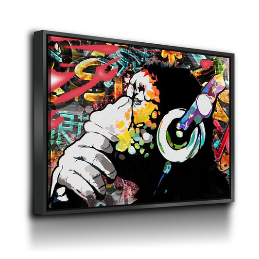 Abstract Monkey Headphones DJ Canvas Wall Art, Monkey DJ Decor Gallery Wrap With Floating Frame