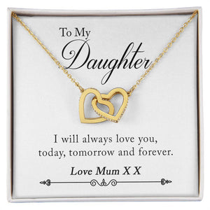 To My Daughter Love Mum XX Interlocking Hearts Necklace - I Will Always Love You, Today, Tomorrow And Forever