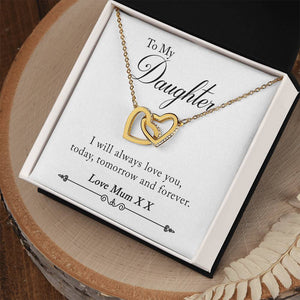 To My Daughter Love Mum XX Interlocking Hearts Necklace - I Will Always Love You, Today, Tomorrow And Forever