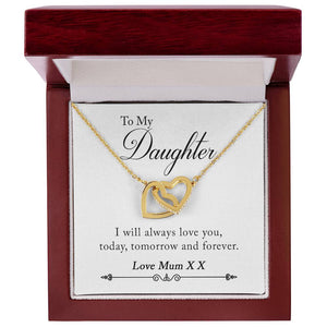 To My Daughter Love Mum XX Interlocking Hearts Necklace - I Will Always Love You, Today, Tomorrow And Forever