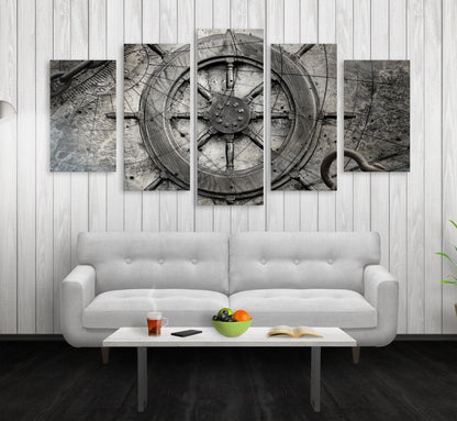 Captain Ships Wheel Canvas Wall Art Nautical Decor 5-PC Set XL 84 X 44 Inches