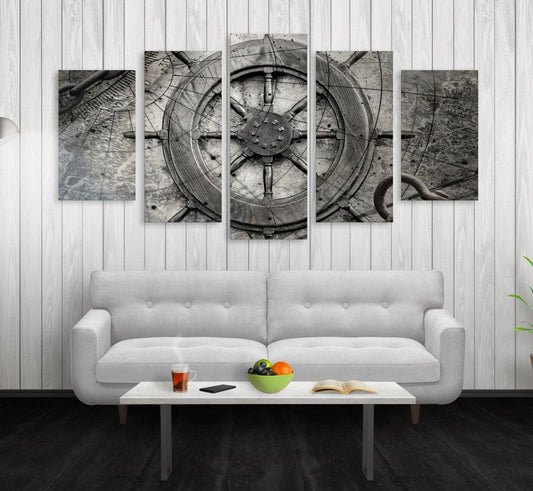 Captain Ships Wheel Canvas Wall Art Nautical Decor 5-PC Set XL 84 X 44 Inches