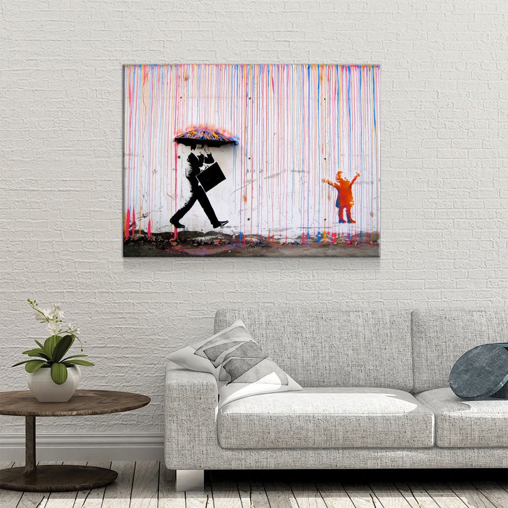 Colored Rain Canvas Wall Art, Banksy Style Print, Banksy Art Canvas Wall Art, Graffiti Art, Abstract Art