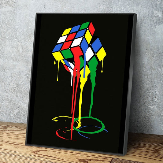 Cubic Meltdown Canvas Wall Art, Abstract Rubik's Cube Art, Abstract Decor With Floating Frame