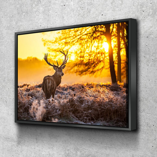 Deer Canvas Wall Art, Big Buck Sunset Hunting Decor With Floating Frame