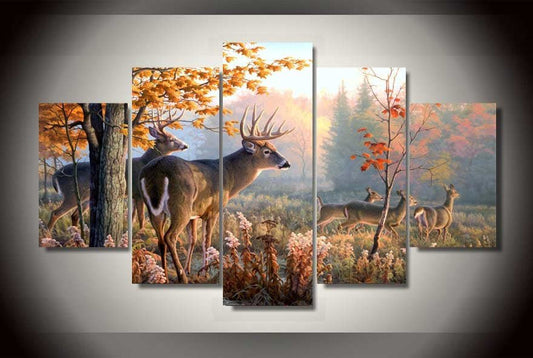 Deer In Forest Hunters 5-Piece Wall Art Canvas, Deer Hunting Decor