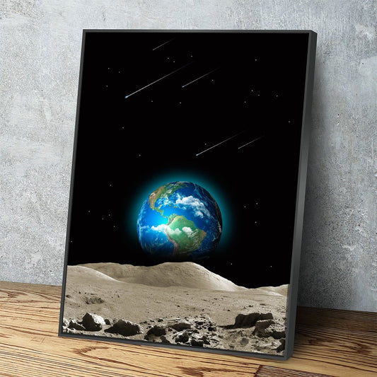 Earth Beautiful Canvas Wall Art, Earth From Moon, Galaxy Decor, Abstract Earth, Abstract Moon Print With Floating Frame