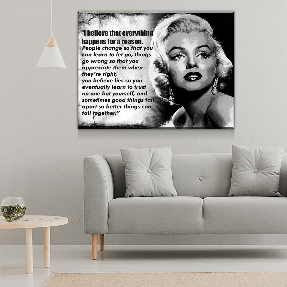 Everything Happens For A Reason Canvas Wall Art Marilyn Monroe Quote