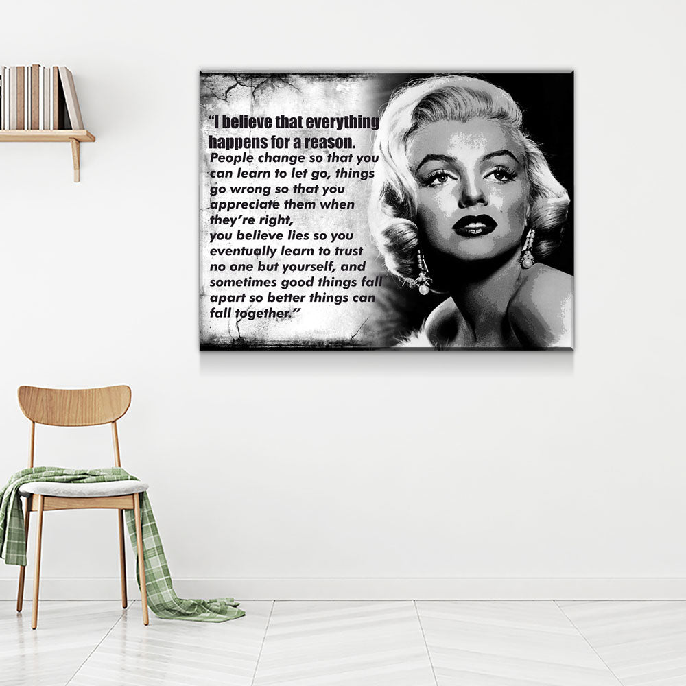 Everything Happens For A Reason Canvas Wall Art Marilyn Monroe Quote Gallery Wrap