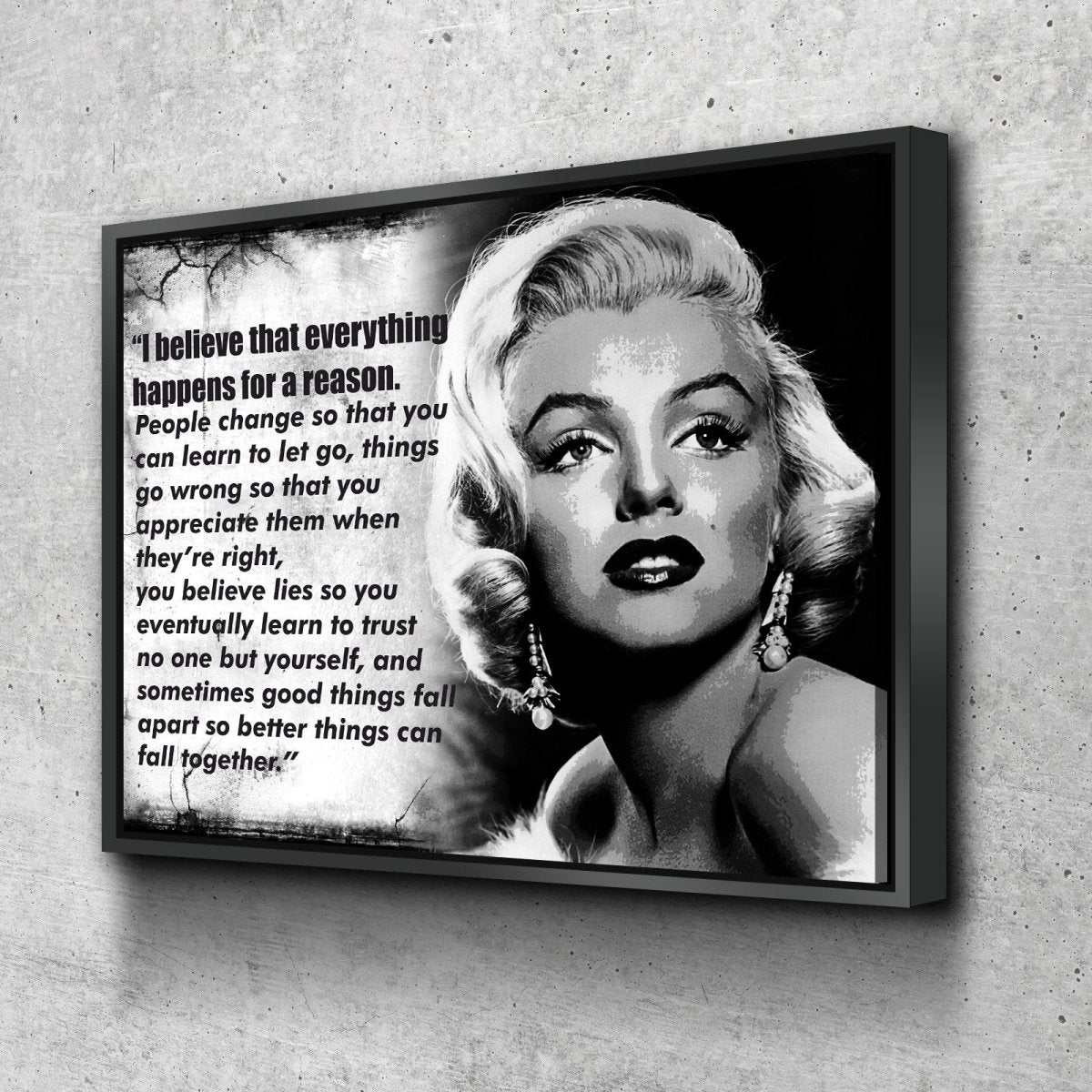 Everything Happens For A Reason Canvas Wall Art Marilyn Monroe Quote With Floating Frame