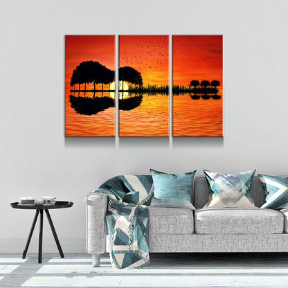 Guitar Tree Lake Sunset 3-Piece Wall Art Canvas