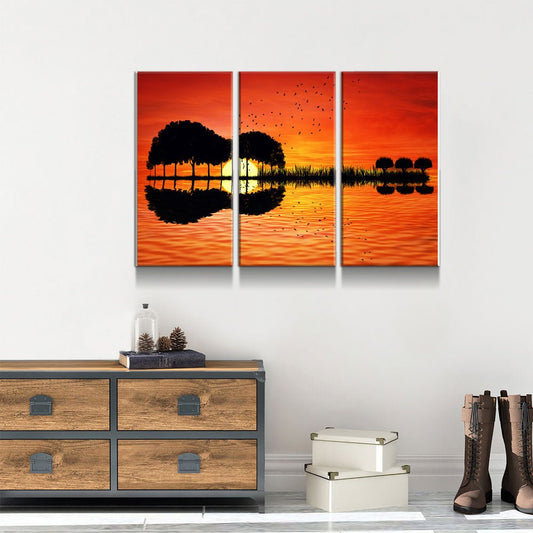 Guitar Tree Lake Sunset 3-Piece Wall Art Canvas