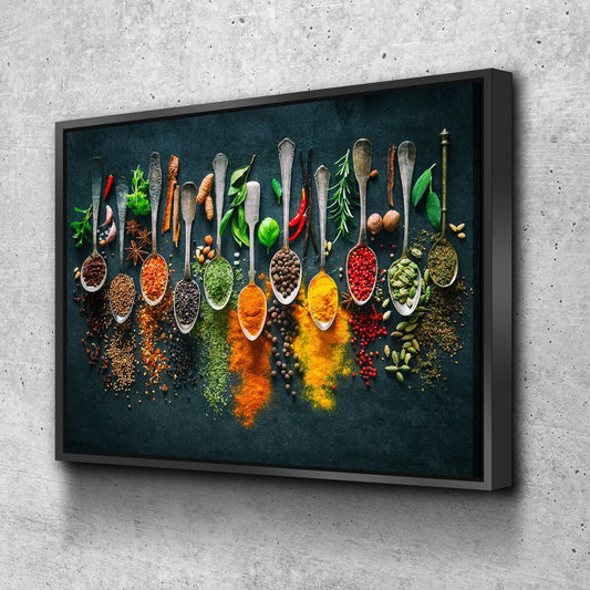 Herbs, Spices, & Spoons Canvas Wall Art, Kitchen Decor, Restaurant Decor With Floating Frame
