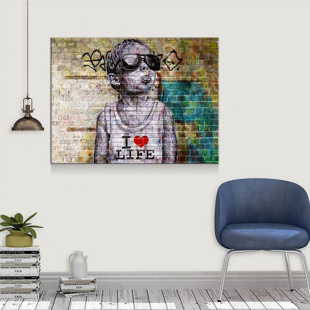 I Love Life Banksy, Graffiti Wall, Canvas Wall Art, Urban Art, Graffiti Decor Gallery Wrap