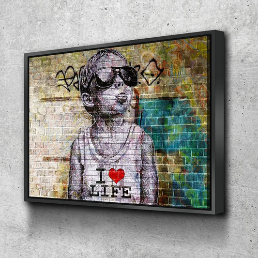 I Love Life Banksy, Graffiti Wall, Canvas Wall Art, Urban Art, Graffiti Decor With Floating Frame