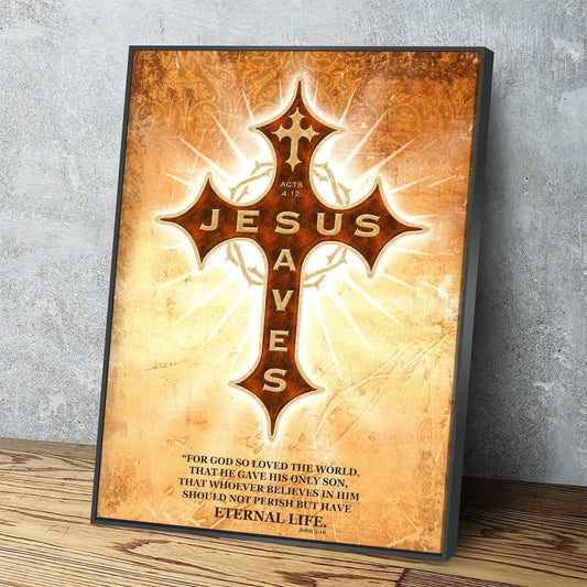 Jesus Saves Canvas Wall Art, Religious Decor Acts 4:12, John 3:16 With Floating Frame