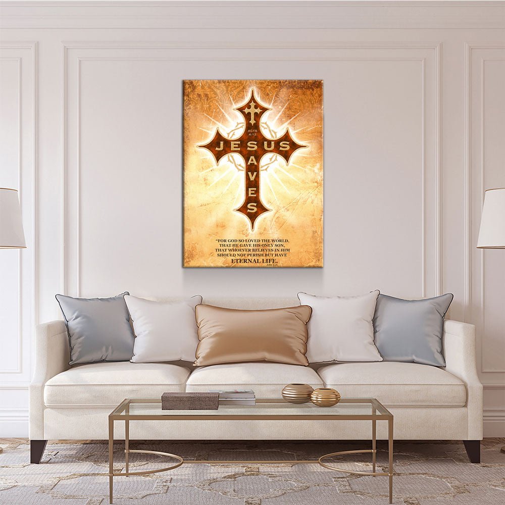 Jesus Saves Canvas Wall Art, Religious Decor Acts 4:12, John 3:16 Gallery Wrap