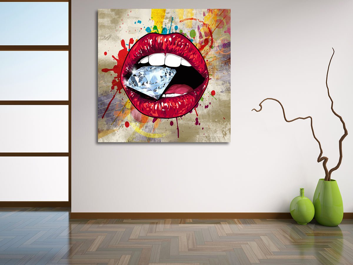 Lips Wall Art, Red Hot Lips Crazy Diamond Lips Wall Canvas Art, Pop Art Decor