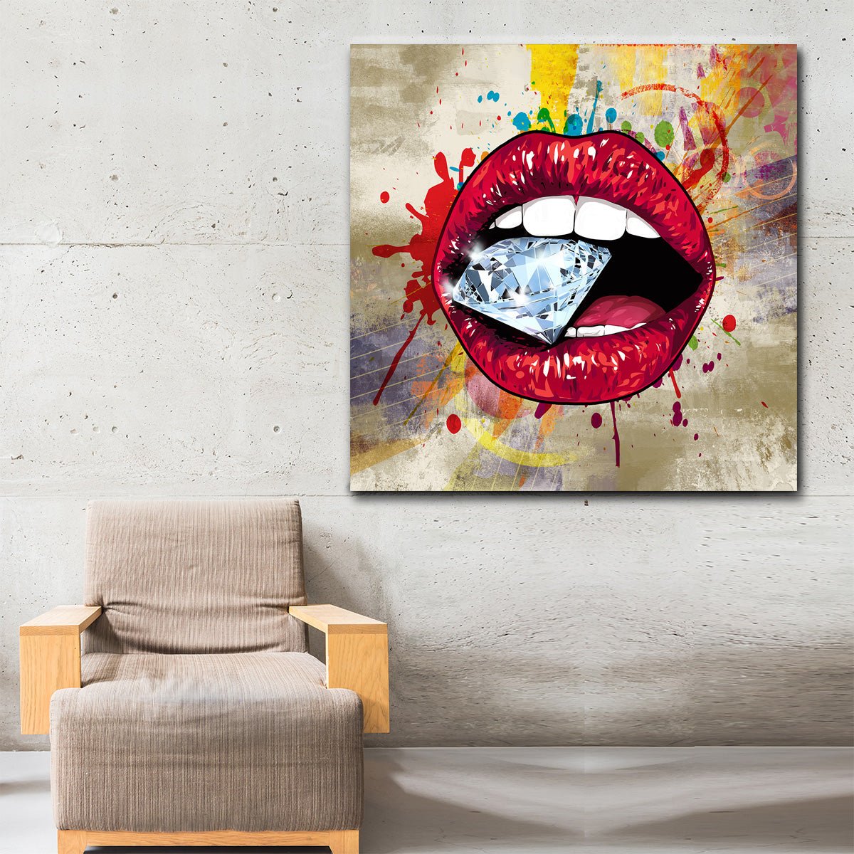 Lips Wall Art, Red Hot Lips Crazy Diamond Lips Wall Canvas Art, Pop Art Decor