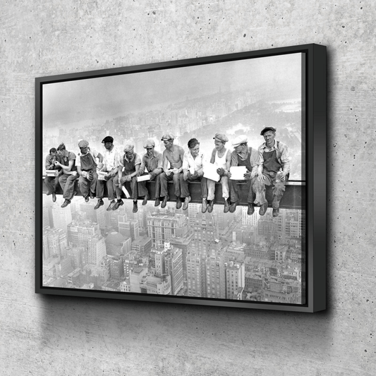 Lunch Atop Skyscraper, Steelworkers Classic Black White Canvas Wall Art, New York Iconic Construction Workers, Black White With Floating Frame