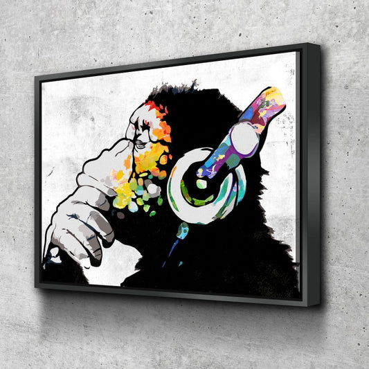Monkey Headphones DJ Canvas Wall Art Gallery Wrap With Floating Frame