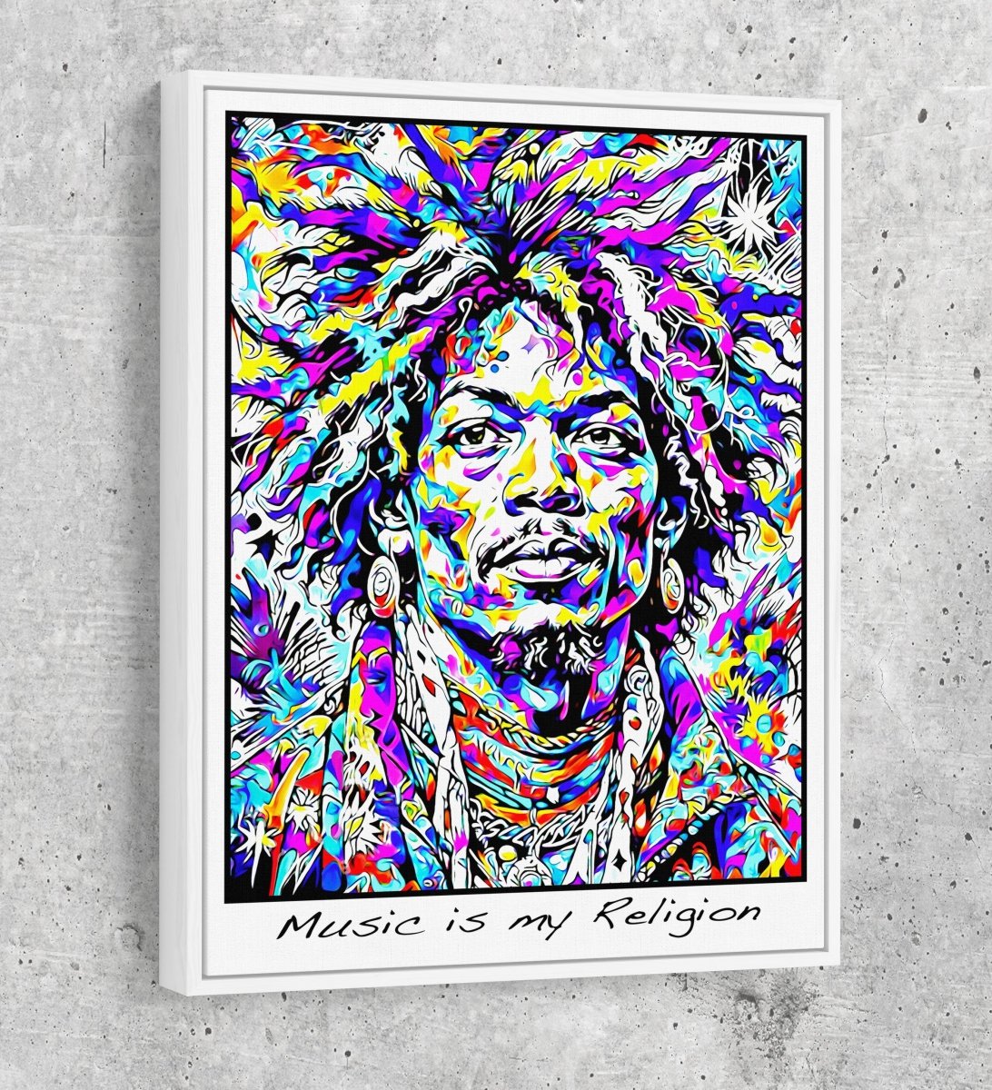 Music is my Religion Canvas Wall Art, Hendrix Decor With White Floating Frame