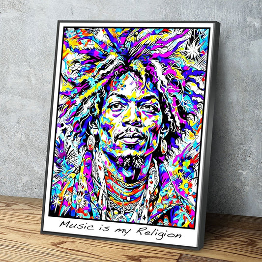 Music is my Religion Canvas Wall Art, Hendrix Decor With Black Floating Frame