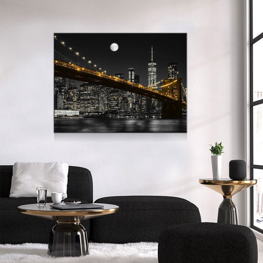 New York Brooklyn Bridge At Night Canvas Wall Art, Manhattan at Night, New York City Skyline Gallery Wrap