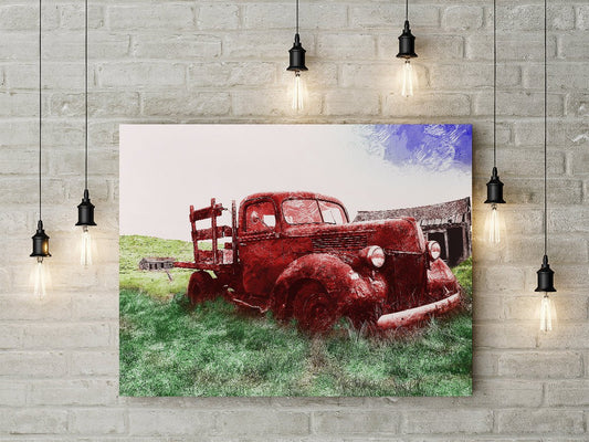 Old Red Farm Truck Abstract Canvas Wall Art, Old Farm Truck Art Gallery Wrap