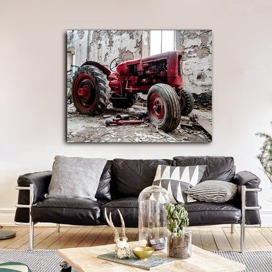 Old Red Tractor Framed Canvas Wall Art Farming Farmers Collection Farm Tractor Farm Decor 48x32 inch