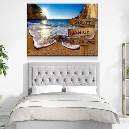Personalized Names Date Beach Sign Canvas Wall Art, Couples Romantic Gift