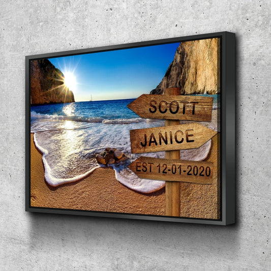 Personalized Names Date Beach Sign Canvas Wall Art, Couples Romantic Gift With Floating Frame
