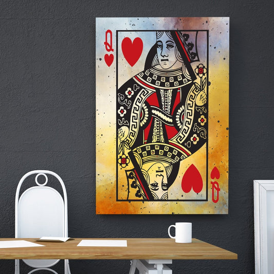 Queen Of Hearts Vintage Playing Card Framed Canvas Wall Art For Home Poker Room 30x40 inch
