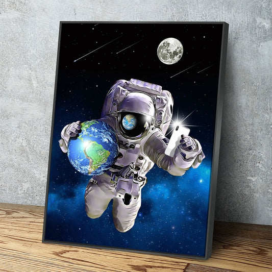 Save The World Selfie Canvas Wall Art, Space Decor, Astronaut Art Canvas With Floating Frame