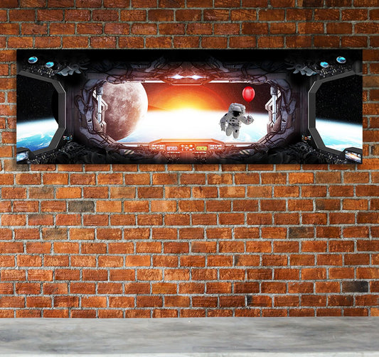 Space Station Window View Earth Astronaut Red Balloon Framed Canvas Wall Art
