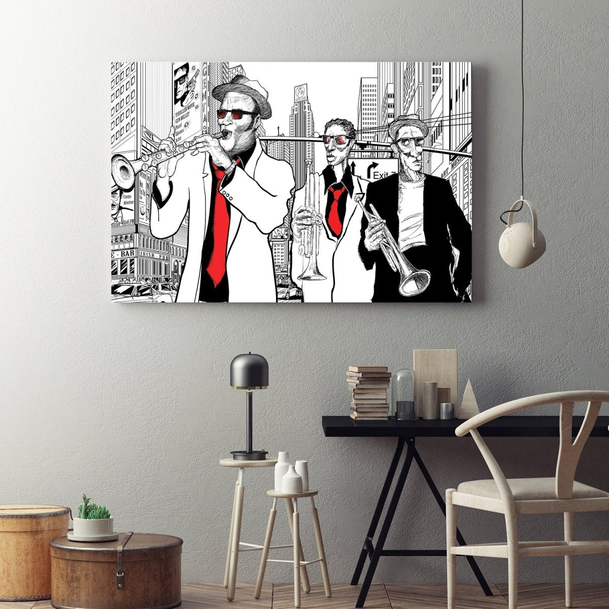 Street Jazz Trio Abstract Framed Canvas Wall Art