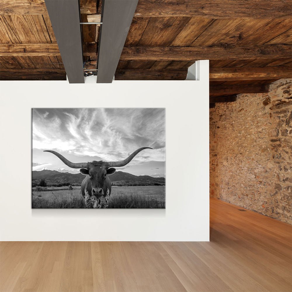 Texas Longhorn Black & White Canvas Wall Art, Ranch Decor Gallery Wrap