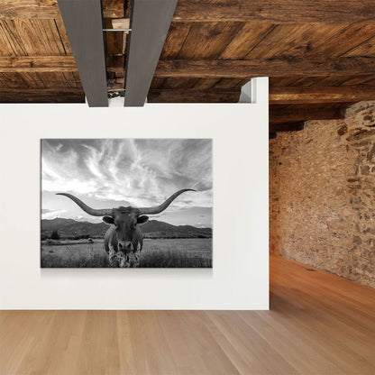 Texas Longhorn Black & White Canvas Wall Art, Ranch Decor Gallery Wrap