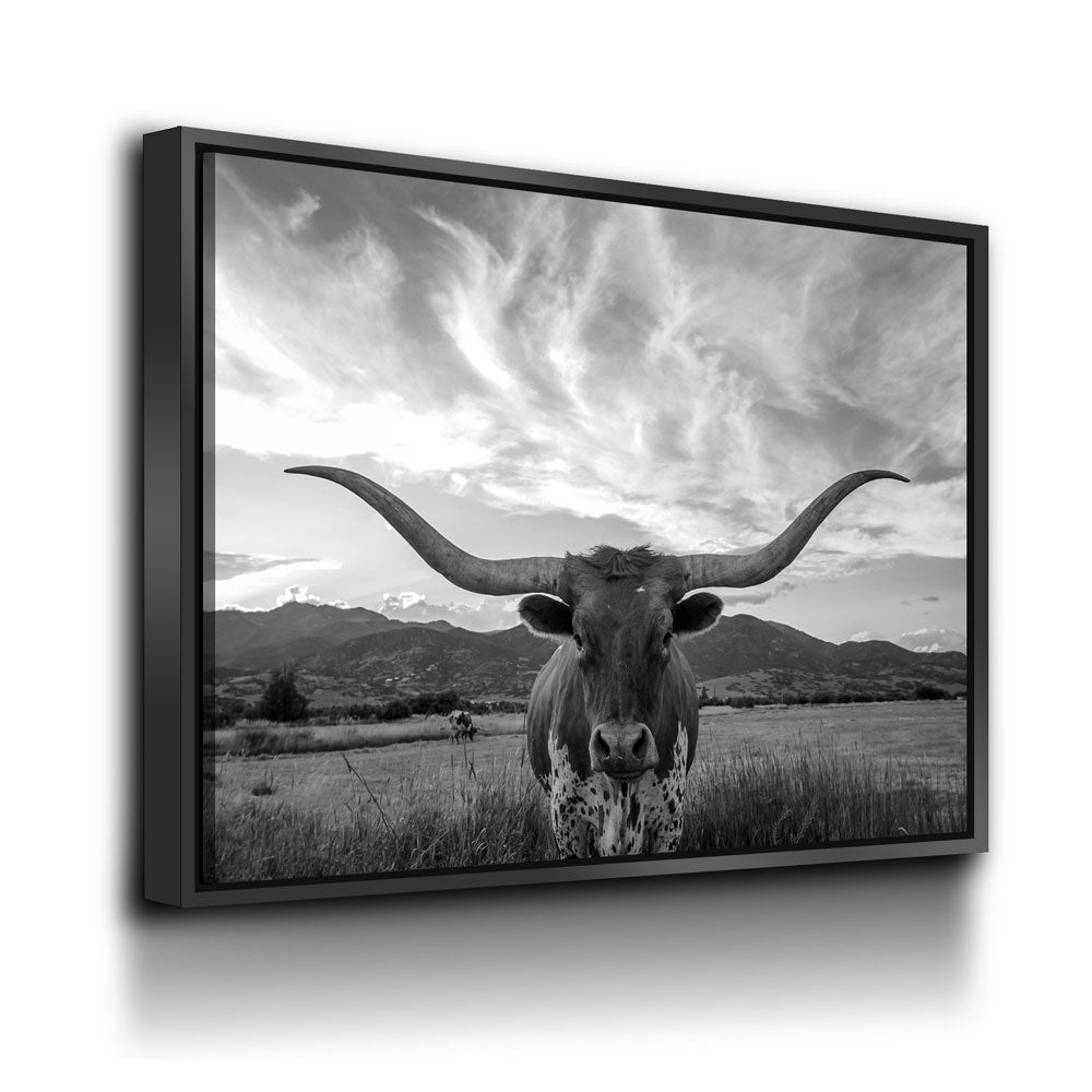 Texas Longhorn Black & White Canvas Wall Art, Ranch Decor