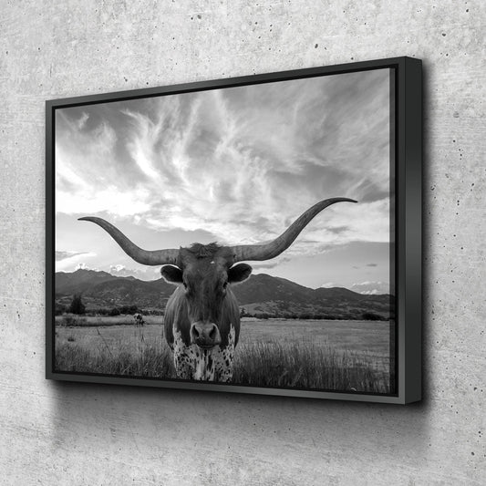 Texas Longhorn Black & White Canvas Wall Art, Ranch Decor With Floating Frame