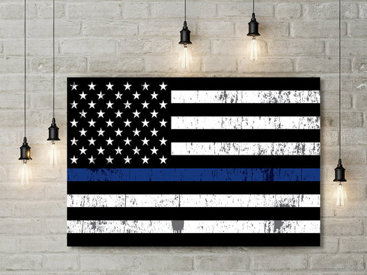 Thin Blue Line US Flag Framed Canvas Wall Art Blue Lives Matter LEO Police 48x36 inch