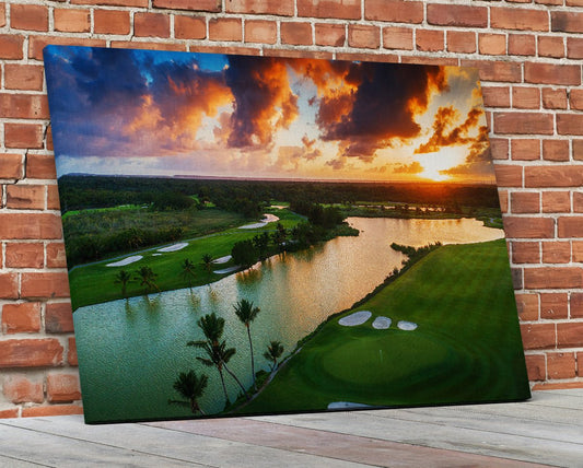 Tropical Golf Course Sunset Framed Canvas Wall Art Dominican Republic Punta Cana 36 X 24 Inch