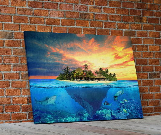 Tropical Island Paradise Underwater View Framed Canvas Wall Art, Vacation, Island, Shark, Fish