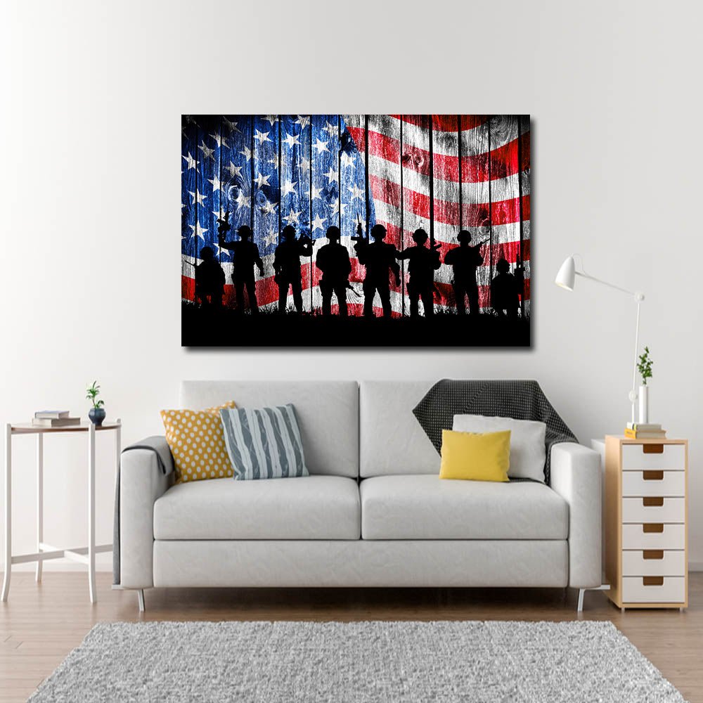 US Flag Soldier Silhouette Canvas Wall Art, USA Military, Soldiers Flag, USA Flag, Veterans