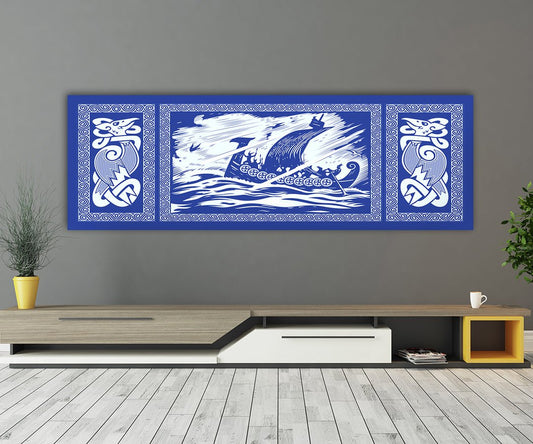Viking Drakkar Dragon Ship Sailing Stormy Sea Canvas Wall Art, Viking Decor Blue