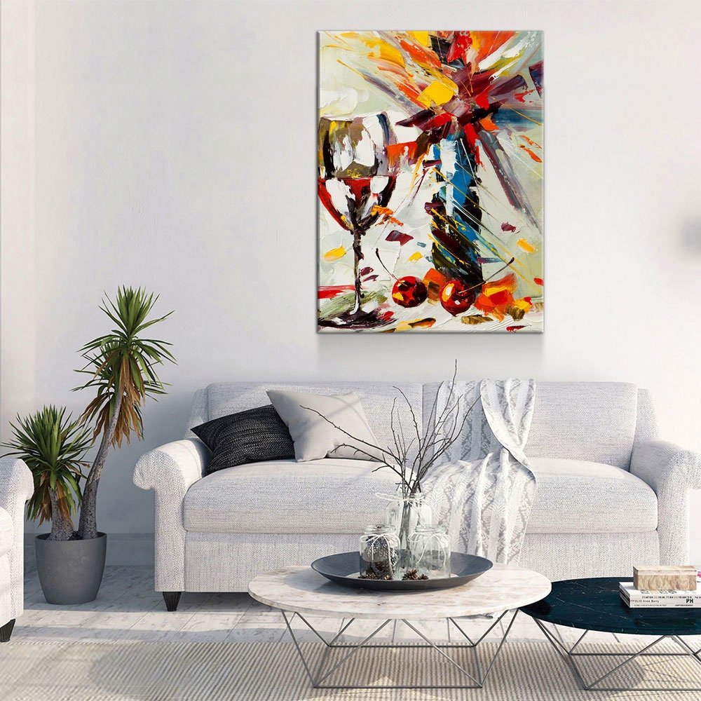 Wine And Flowers Abstract Canvas Wall Art, Wine Decor With Flowers, Abstract Wine Art, Kitchen Decor, Bar Decor