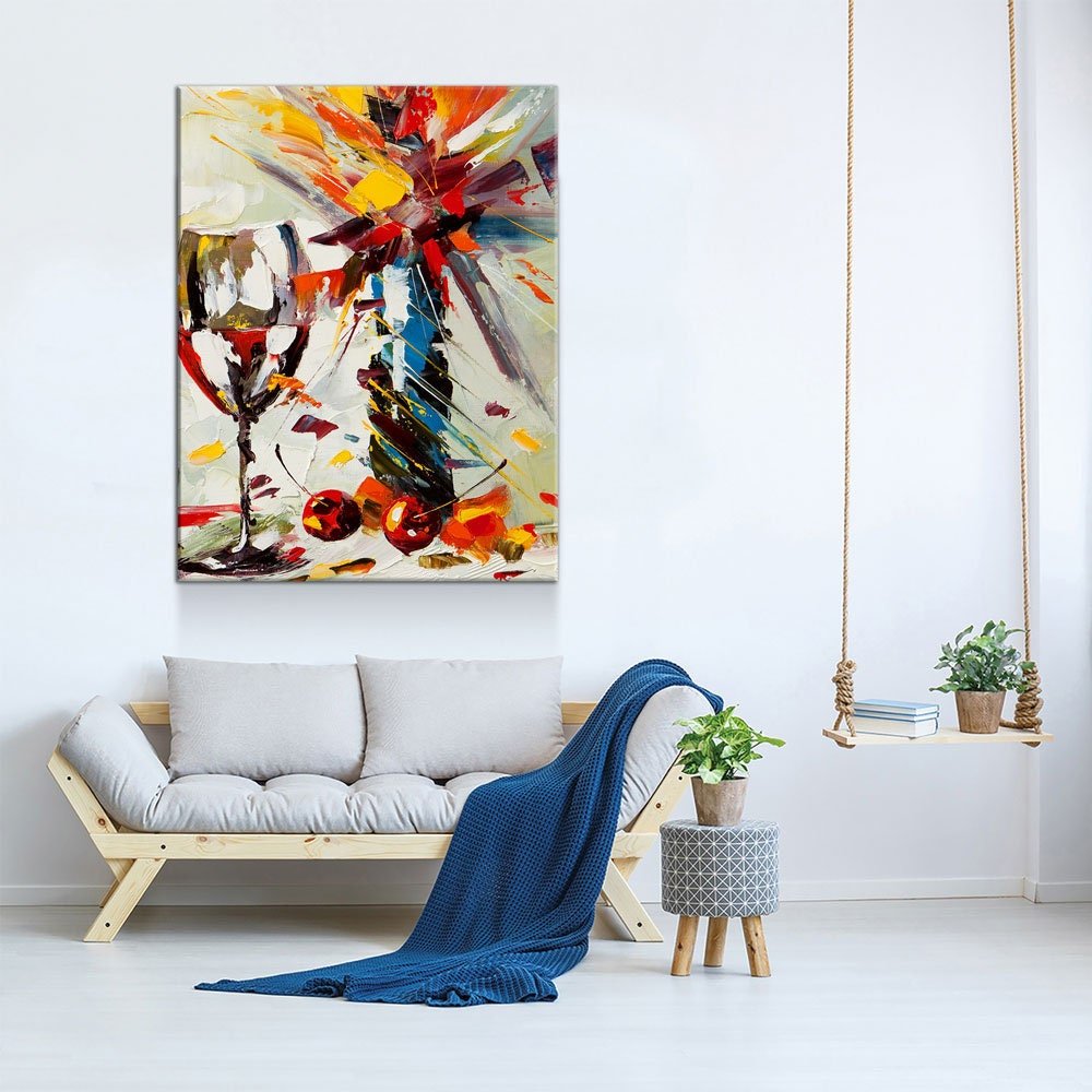Wine And Flowers Abstract Canvas Wall Art, Wine Decor With Flowers, Abstract Wine Art, Kitchen Decor, Bar Decor